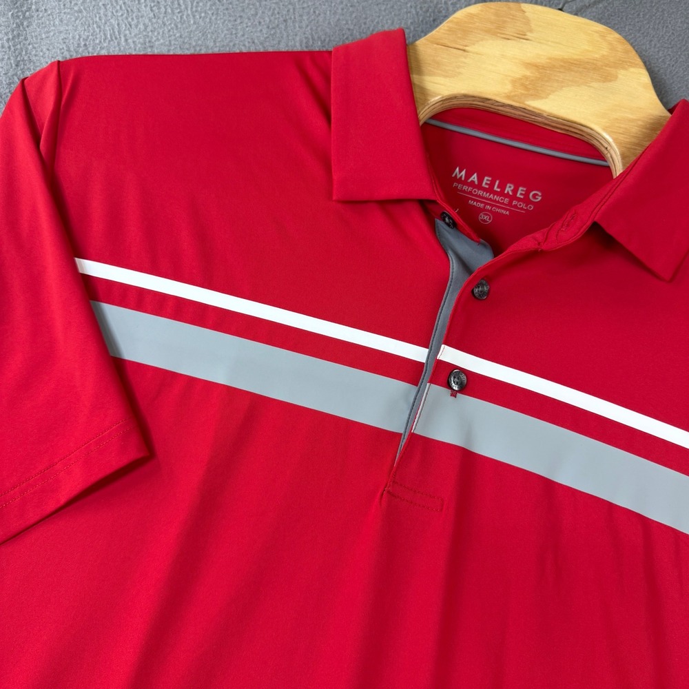 Maelreg Performance Polo Mens 3XL Red Grey White Stripe Short Sleeve Golf Shirt